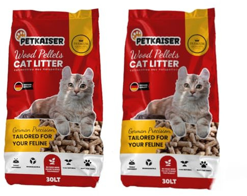2 x 30 Litres | Premium Wood Pellets Cat Litter – PetKaiser Soft Wooden Pellets Cat Litter | German Engineered for Superior Odour Control and Absorption | Eco-Friendly and Long-Lasting