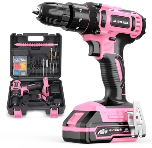 20V Cordless Drill, Electric Power Drill Set with Battery Charger and Carrying Case, 3/8” Keyless Chuck, 2 Variable Speed, 18+3 Torque, 72pcs Driver Bits and Belt Hook, Pink
