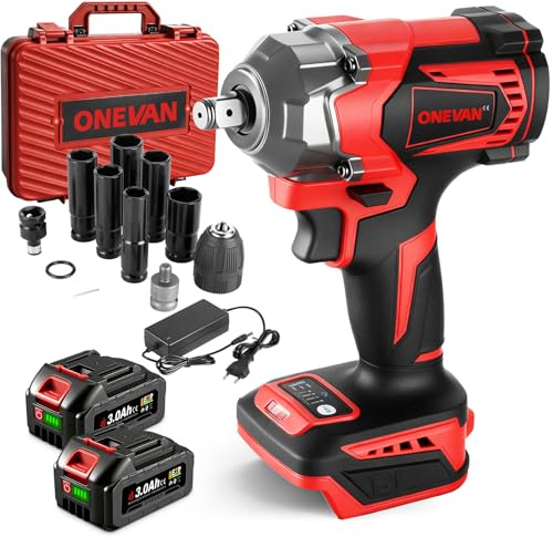 ONEVAN Avvitatore a percussione a batteria, avvitatore elettrico senza spazzole, avvitatore a 4 velocità da 700 Nm per cambio pneumatici auto (rosso, con 2 batterie e set di 12 accessori)