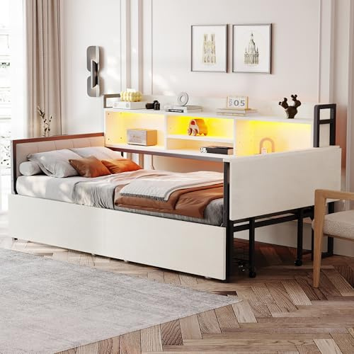 TOBIDOEN Schlafsofa Wandbett 90x200 cm Eisenrahmen mit LE/D Atmosphärenfunktion und Ausklappbarem Tisch, Bett mit Schubladen und Funktionales Staufächern, Weiche Rückenlehne, Einzelbett, Weiß