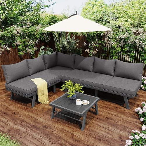 TOBIDOEN Set di mobili da giardino per 5-6 persone, 2 divani a 3 posti e 1 tavolo con struttura in ferro grigio scuro, spessore 8 cm, cuscino grigio rimovibile, piedini protettivi, piano in plastica