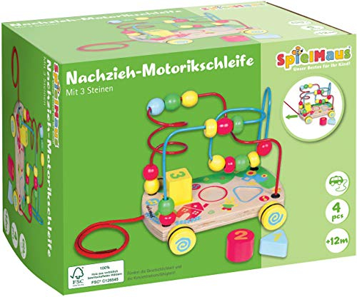 Spielmaus Holz Nachziehwagen m.Motorikschleife