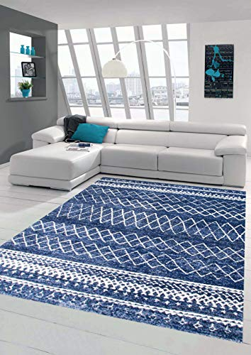 Traum Designer Teppich Wohnzimmerteppich modern mit Ornamente in Blau Creme Größe 80x150 cm
