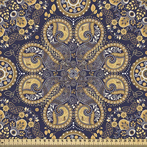 ABAKUHAUS Mandala Gewebe als Meterware, Östliche abstrakte Flora, Schön Gewebten Stoff für Polster und Wohnaccessoires, 1M (148x100cm), Braun Gelb Indigo