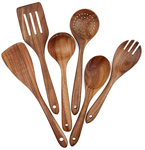 Wooden Cooking Utensils Set 6-Piece Wood Kitchen Utensil Set for Non Stick Cookware Wooden Spatula,Fork,Turner,Ladle,Strainer Spoons (6)