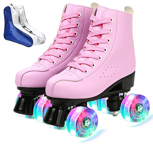 XUDREZ Roller Skates for Women Men Cozy PU Leather High-top Roller Skates for Beginner Double-Row PU Wheels, Professional Indoor Outdoor Roller Skates with Shoes Bag (Pink Flash,36)