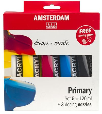 Amsterdam Standard Serie Acrylfarben Mischset (5 x 120 ml Tuben) | Grundfarben + Schwarz & Weiß | + 3 gratis Dosierverschlüssen