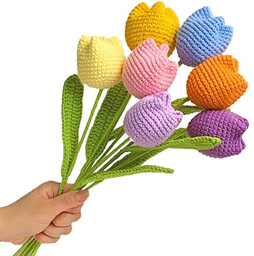 Wudaizhi Fiori in Maglia Intrecciati a Mano 7 Pezzi Colorati Tulipani Artificiali Fiori Fiori all'Uncinetto per Ufficio Arredamento per La Casa per Matrimoni