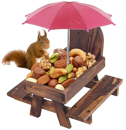 Creechwa Brown Squirrel Feeder, Wooden Squirrel Picnic Table, Outdoor Bird Squirrel Feeding Station with Umbrella and Corn Cob Holder for Garden Trees Forest House