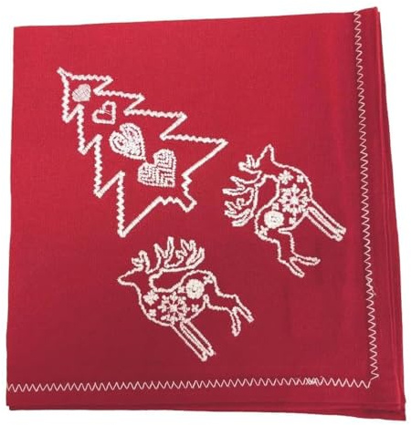 Christmas Napkin - Cotton Napkins for Christmas-Themed Dining Table Setting & Silverware - WHITE ON RED GROUND EMBROIDERED - Ragged Rose Gift Wrapped Cloth Napkins Set of 4-40 cm x 40 cm