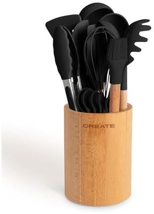CREATE/Set d'utensiles de cuisine Noir et bois / 11 Utensiles de cuisine en silicone et bois hêtre naturel, sans BPA, jusqu'à 230°C