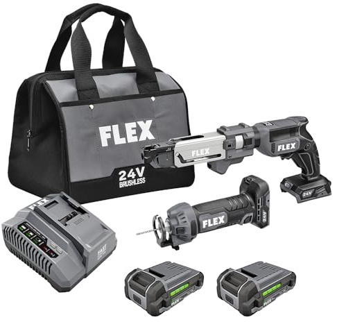 FLEX 24V Brushless Cordless 2-Tool Combo Kit: Drywall Screw Gun with Magazine and Cut Out Tool with (2) 2.5Ah Lithium Batteries and 160W Fast Charger - FXM203-2A