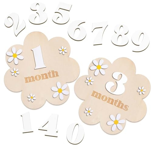 Burbell 3D trä tusensköna baby månatliga milstolpe-kort 1-12 månader utbytbara babymånadersskyltar månadsvis milstolpe skivor baby tillkännagivande skylt för baby shower nyfödd foto rekvisita gåvor