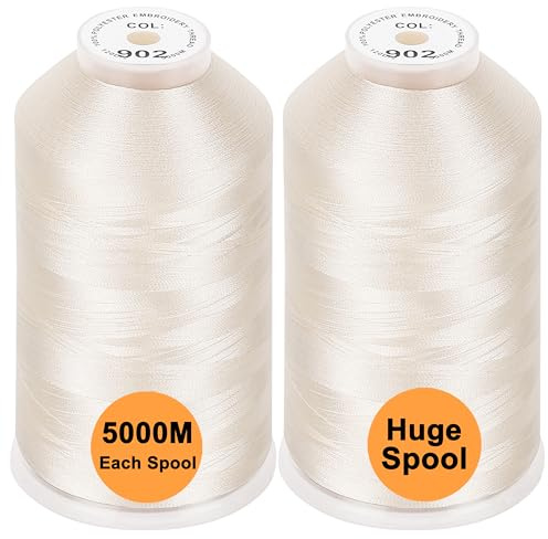 New brothread Set of 2 Polyester Machine Embroidery Thread Huge Spool 5000M for All Embroidery Machines - Ivory