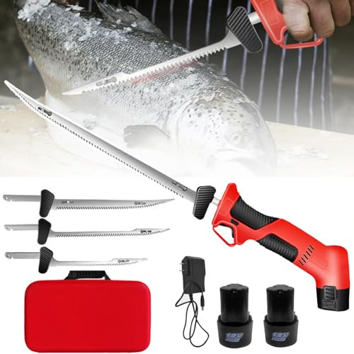 aromaoveite Couteau à Filet éLectrique Sans Fil Pour Poisson/PêChe,Couteau éLectrique Rechargeable Avec 4 Lames/Batterie 2 * 12 V/Trou De Refroidissement, PoignéE AntidéRapante/Sac Main Pratique,Red