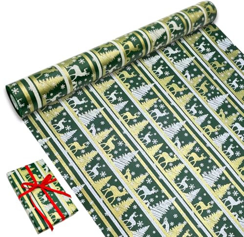 Geschenkpapierrolle für Weihnachten: Grünes Kraftpapier mit festlichem Muster, 43 cm x 10 m, zum Verpacken von Geschenken und als Partydekoration
