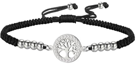 Dreamtimes Pulsera de árbol de la vida para mujer, pulsera de árbol genealógico, pulsera de cuerda trenzada hecha a mano, pulsera ajustable, joyería delicada (Negro)