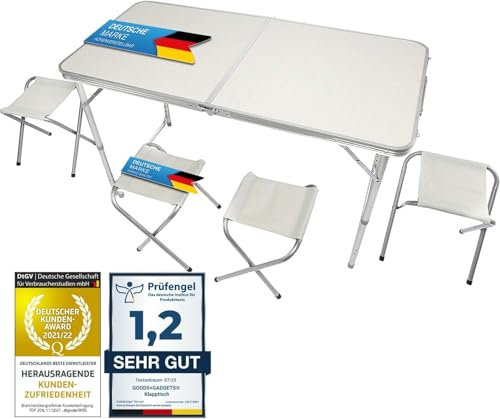 GOODS+GADGETS Klappbarer Multifunktionstisch Mehrzwecktisch Campingtisch Camping-Set Klapptisch Markttisch höhenverstellbarer Tapeziertisch Beistelltisch zum Campen (Weiß: Tisch + 4 Stühle)