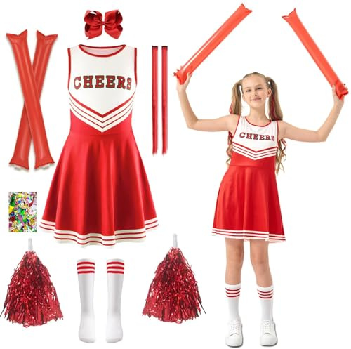Deguisement Pompom Girl Enfant, Uniforme de Pom-Pom Girl Fille, Costume Cheerleader Enfant, tenue pom-pom girl avec Pompoms, Bâtons Joie, Chaussettes pour Costume Carnaval Mascarade (Rouge, 150)