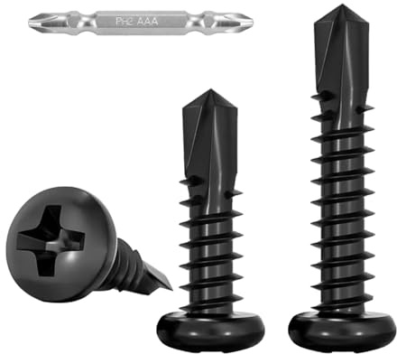 FandWay Tornillos autorroscantes M4,2 x 16 mm, color negro, 100 unidades con cabeza alomada, tornillos autorroscantes de acero inoxidable 410 tornillos de metal con 1 punta para acero, aluminio y