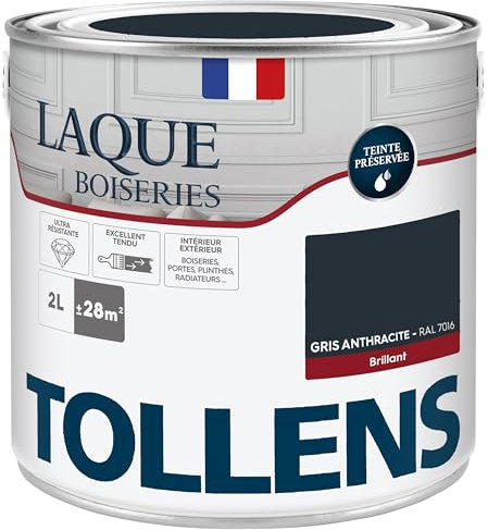 Tollens - Peinture, Laque, Ultra Résistante, Multisupport, Brillant, Gris Anthracite, 2L = 28m2