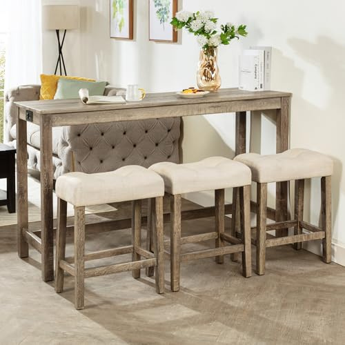 KEIKI 4-Piece Bar Table Set with Charging Ports, 59 Industrial Kitchen Table & 3 Upholstered Stools, Durable Wooden Frame, Perfect for Living and Dining Rooms, Brown