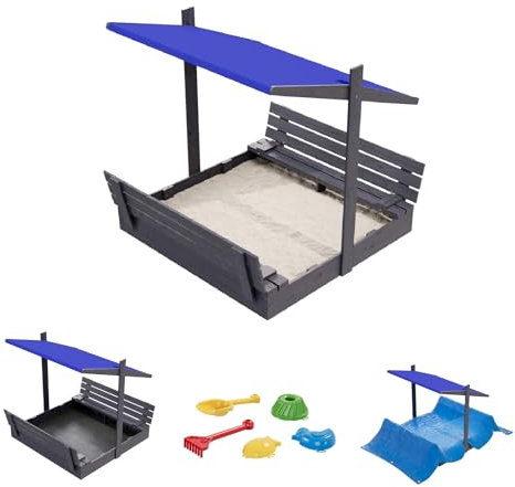 QLS Sabbiera in legno 150 x 150 cm con panchina tetto e copertura impregnata per giardino (blu, 150 cm)