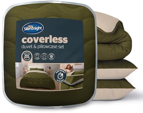 Silentnight Coverless Seersucker Duvet & Pillowcase Set - Soft Stylish 10.5 Tog Two Reversible Colours Bed Quilt - All Year Round Comfort No Cover Needed, Olive & Natural, Double