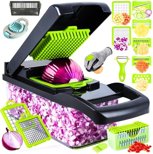 18 in 1 Vegetable Chopper Cutter with 7 Rust-Resistant Blades – Veggie Food Salad Chopper Manual, Onion Dicer, Cheese Grater, BPA-Free, Easy to Clean