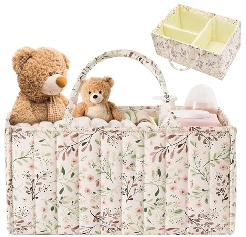 YTACREA Organisateur de Couche Bebe, Panier Rangement Bébé avec Compartiment Amovible, Panier Table a Langer Bebe Pour Lingettes et Articles, Motif Floral, Poignée Portable, Cadeau pour Naissance-né