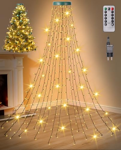 Luci Albero di Natale Cascata, 400LEDs 2M 16 Fili Luci Albero di Natale con Anello, Telecomando, 8 Modalità, Temporizzazione, IP44 Luminarie Natalizie per Alberi di Natale da 1.5 a 3m, Bianco Caldo