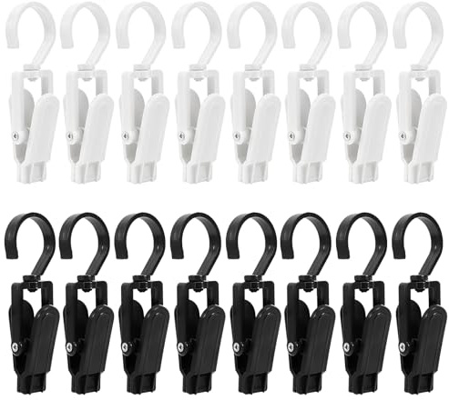 16 Piezas Antideslizantes Pinzas Ropa, Giratorias de 360°Perchas Pinzas Plástico, Molas Roupa para Toallas Calcetines Gorros Guantes, 8 Negros 8 Blancos