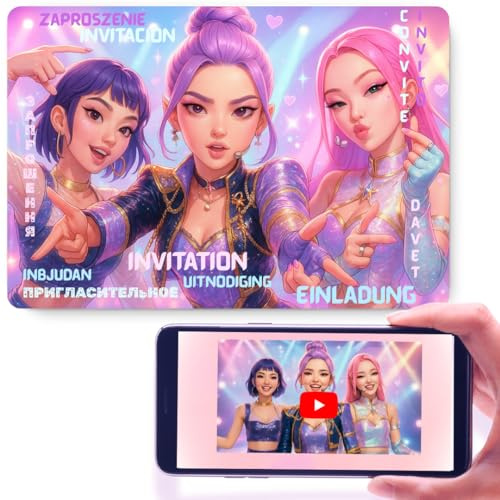 Effetto WOW Biglietti invito festa di compleanno K-Pop con animazione video AR(Realtà Aumentata)-Biglietti invito compleanno magici e interattivi per bambini e ragazze-Lotto da 12 inviti pre-stampati