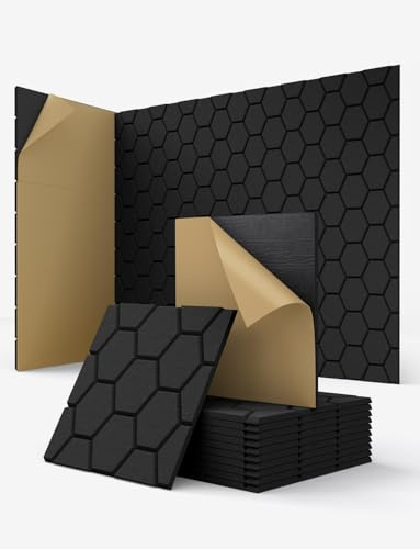 Kuchoow Paneles acústicos de panal autoadhesivos, 12 unidades, paneles acústicos para pared y oficina acústica, color negro, paneles con aislamiento acústico y absorción de sonido, 30 x 30 x 0,9 cm