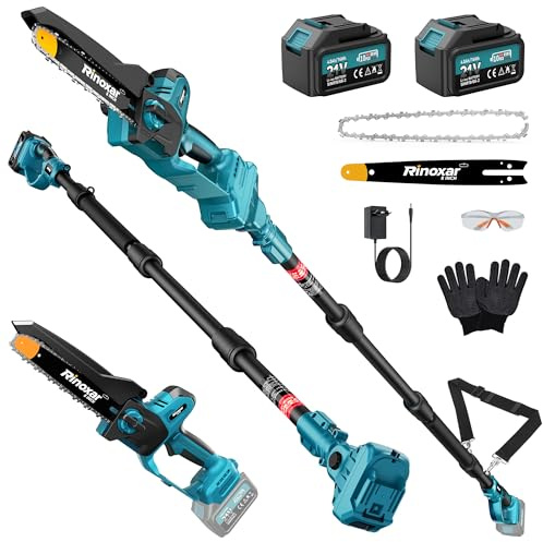 2-in-1 Motosega a Batteria con Asta Telescopica, 8 Pollici Mini Motosega con 2x4000mAh Batterie, Motore Brushless, Aceite Automática, Tensionamento della Catena Senza, Portata 4M, per Giardinaggio