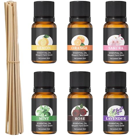 6 Unidades 10ml aceites esenciales, puro aroma natural difusor de aceite conjunto para la relajación y el sueño, aceites esenciales para difusor de jabón, velas, humidificador, etc con palillos de