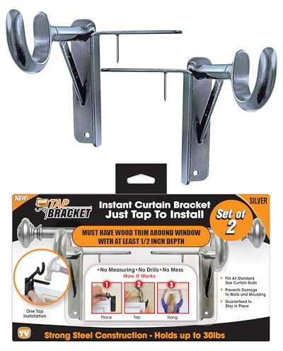 Spark Innovators Tap Curtain Rod Bracket - No Drill Curtain Rod Brackets, Damage-Free, Renter Friendly Curtain Rod Holder, No Screws, Easy to Install - As Seen on TV, Silver - 2 Pack