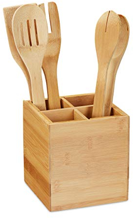 Relaxdays Besteckständer, 4 Fächer, Bambus Küchenutensilienhalter f. Besteck, Stifte, HxBxT 14,5 x 13,5 x 13,5 cm, natur, 10032107, Hellbraun