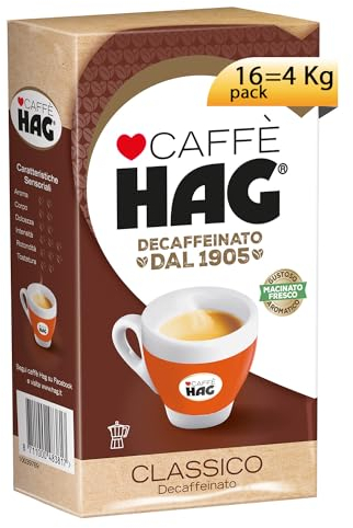 Hag - Caffè Macinato Decaffeinato Gusto Classico Macinato Fresco - Miscela caffè per Moka - 16 confezioni da 250 gr (totale 4 kg)