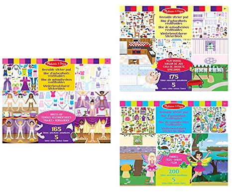 Melissa & Doug Set di 3 Album di Figurine Adesive, Il Guardaroba, Fate e La Mia Casa, Blocchi attivita', Album di Figurine, Adesivi riutilizzabili, 1+ Anni, Regalo per Bambini e Bambine