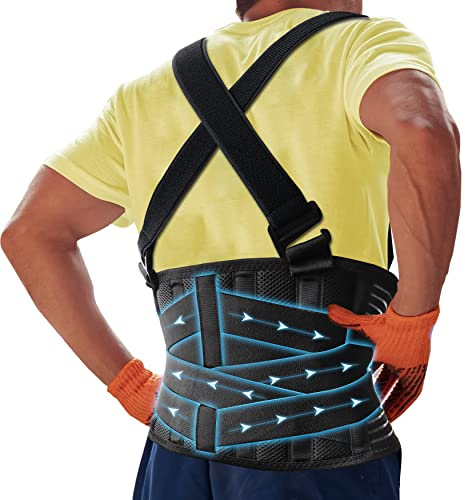 DARLIS Work Back Brace with Removable Suspender Straps, Posture Corrector Protector for Heavy Lifting Safety, Back Support Belt for Men Women in Construction, Moving and Warehouse Jobs L (39.5- 44)