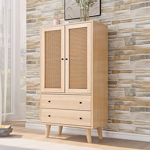 Sweiko Commode avec 2 portes et 2 tiroirs - En rotin - Avec tiroir - Buffet haut - En bois - Armoire polyvalente pour couloir, chambre, salon, salle à manger