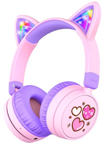 iClever Auriculares Bluetooth para Niños, 60 Horas Tiempo de Reproducción, Orejas de Gato con Luz LED, Volumen Seguro 74/85dBA, Bluetooth 5.3, Carga Tipo C, Auriculares Inalámbricos con Mic Integrado
