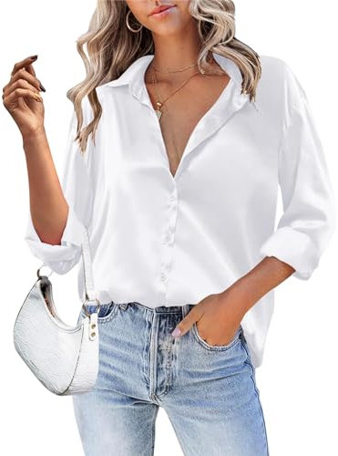 Zeagoo Damen Satin Bluse V-Ausschnitt Langarm Seidenbluse Elegant Satinblusen Causal Oberteil Langarmshirt Business Hemd Weiß L