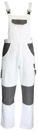 Popoqo Mens Painters Decorators Bib & Brace Overalls Knee Pad Pockets White Dungarees Heavy Duty Multi Pockets White 38W / 32L