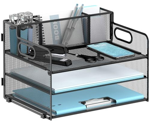 3 Tier Desk Organizer with Pen Holder Mesh Paper Trays with Handle Black