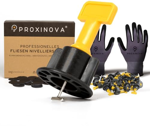 Proxinova Fliesen-Nivelliersystem Kit 100pcs Fliesenabstandhalter, Kratzschutz-System, 2 Schraubenschlüssel, Arbeitshandschuhe, 100 T-Stifte