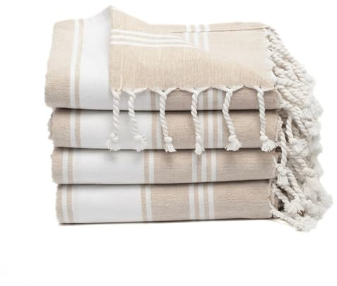 9Threads Toalla de playa turca 100 % algodón con bolsa, toalla de gran tamaño de 36 x 72 pulgadas, absorbente para alberca, toalla de viaje extragrande de secado rápido (color beige, paquete de 4)