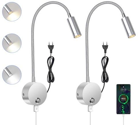ERWEY 2 Stück Leselampe Bett, Leselampe Wand mit Touch Dimmbar 3 Farben, 360° Flexibel Schwanenhals lampe mit USB und Stecker, Bettlampe Leselicht für das Bett, Silber