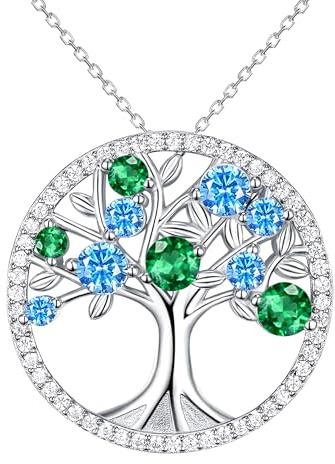 JUZICHEN Colgante Arbol de La Vida Plata 925, Collar Árbol de La Vida Colgante Verde, Regalos para Mama, Mujer, Madre, Con Caja de Regalo (Verde, Azul)